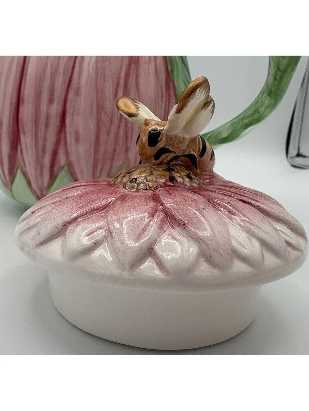 Vintage The Bombay Company Pink Gerber Daisy Teapot with Bumble Bee Lid